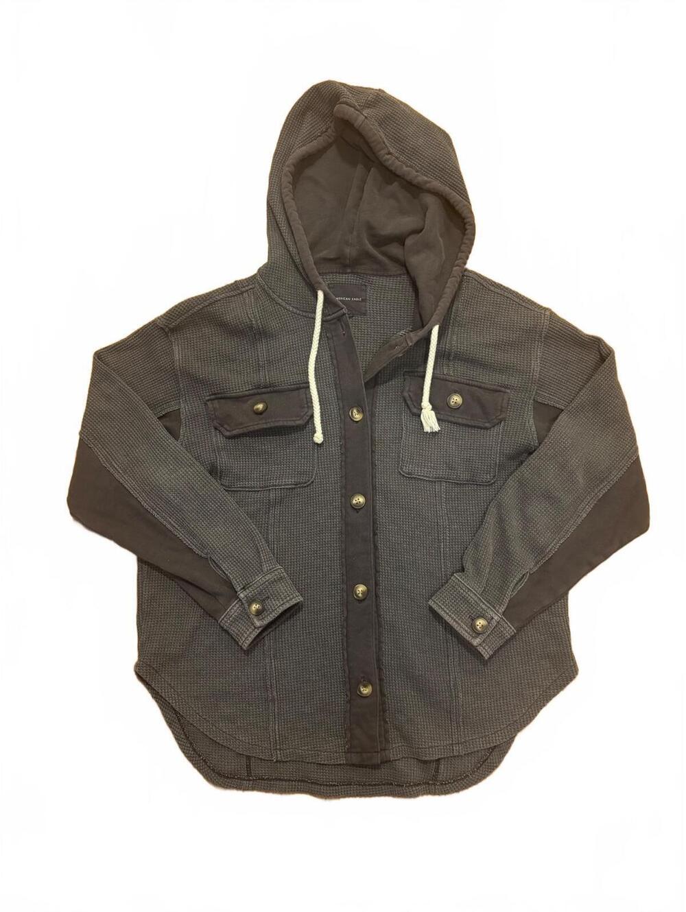 American Eagle Women's Medium Gray Waffle Knit Hooded Shirt Jacket